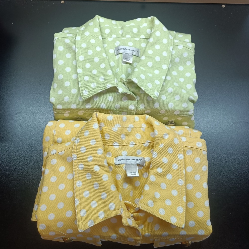 Set Of 2 Christopher & Banks Size L Green & Yellow Polka Dot Denim Jackets